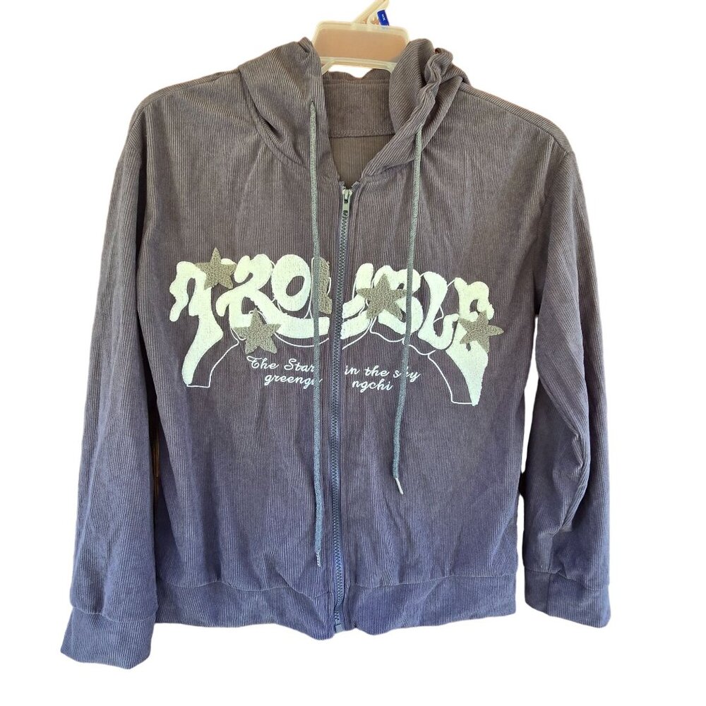 "Trouble" Hoodie With Star Design & Zip Closure Size M Corduroy Gray‎